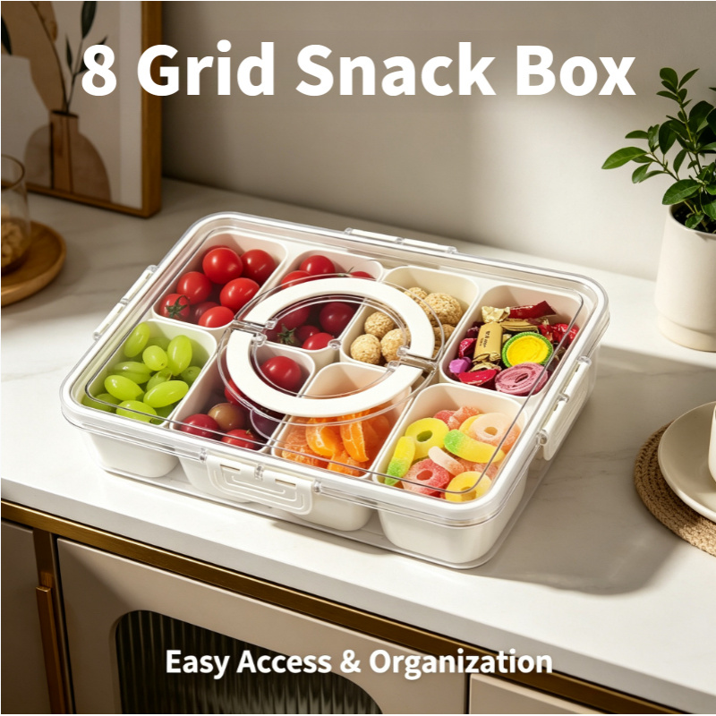 Snack Container Travel - 8 Grid Snack Box with Lid